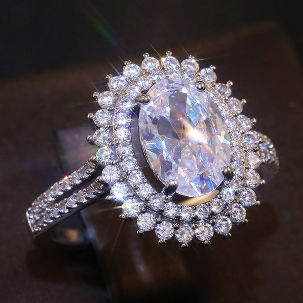 NEW 925 Silver Oval Diamond Double Halo Ring 5
